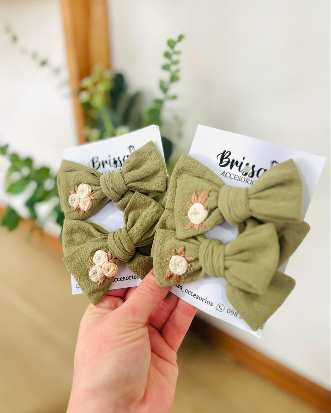 Moña Jane Verde Oliva Bordada— Pack x2