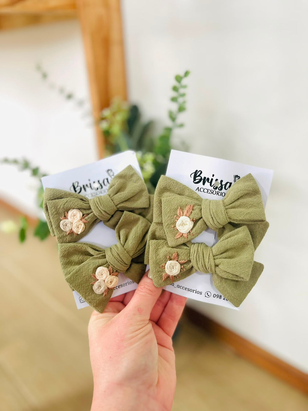 Moña Jane Verde Oliva Bordada— Pack x2