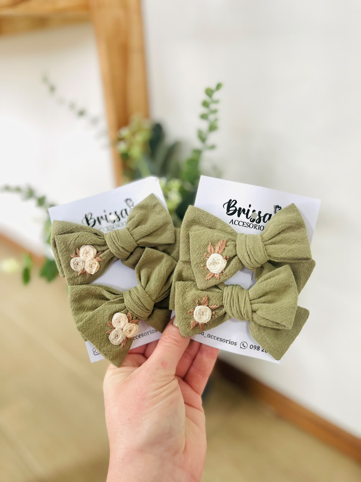 Moña Jane Verde Oliva Bordada— Pack x2