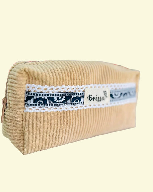 Cartuchera de Pana Crema con Guarda Étnica Azul